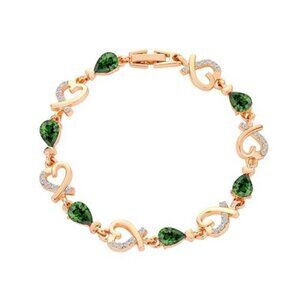 14K Gold Plated Green Heart Link Bracelet Crystal Rhinestone Minimalist Jewelry